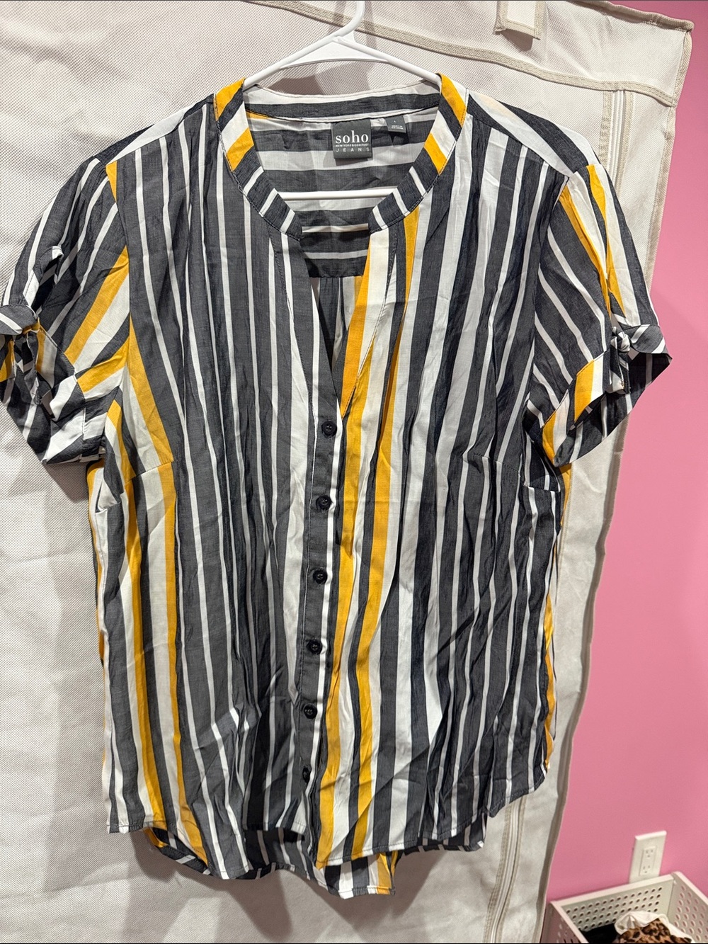 Soho Black White and Yellow Striped Button-Front Shirt